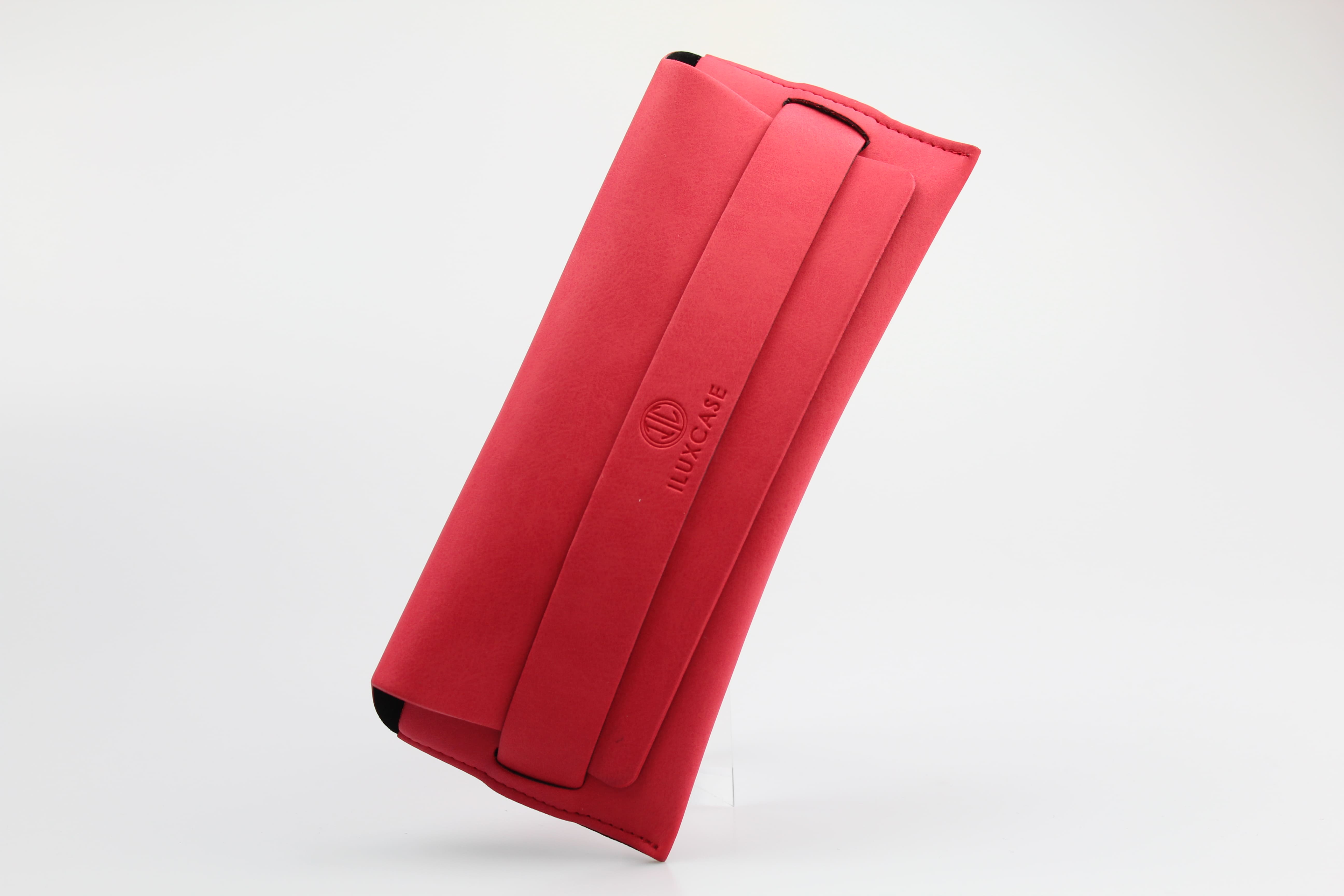 Etui à lunettes semi-rigide en cuir ou similicuir rouge avec rabat rectangulaire - fermoir à bandelette