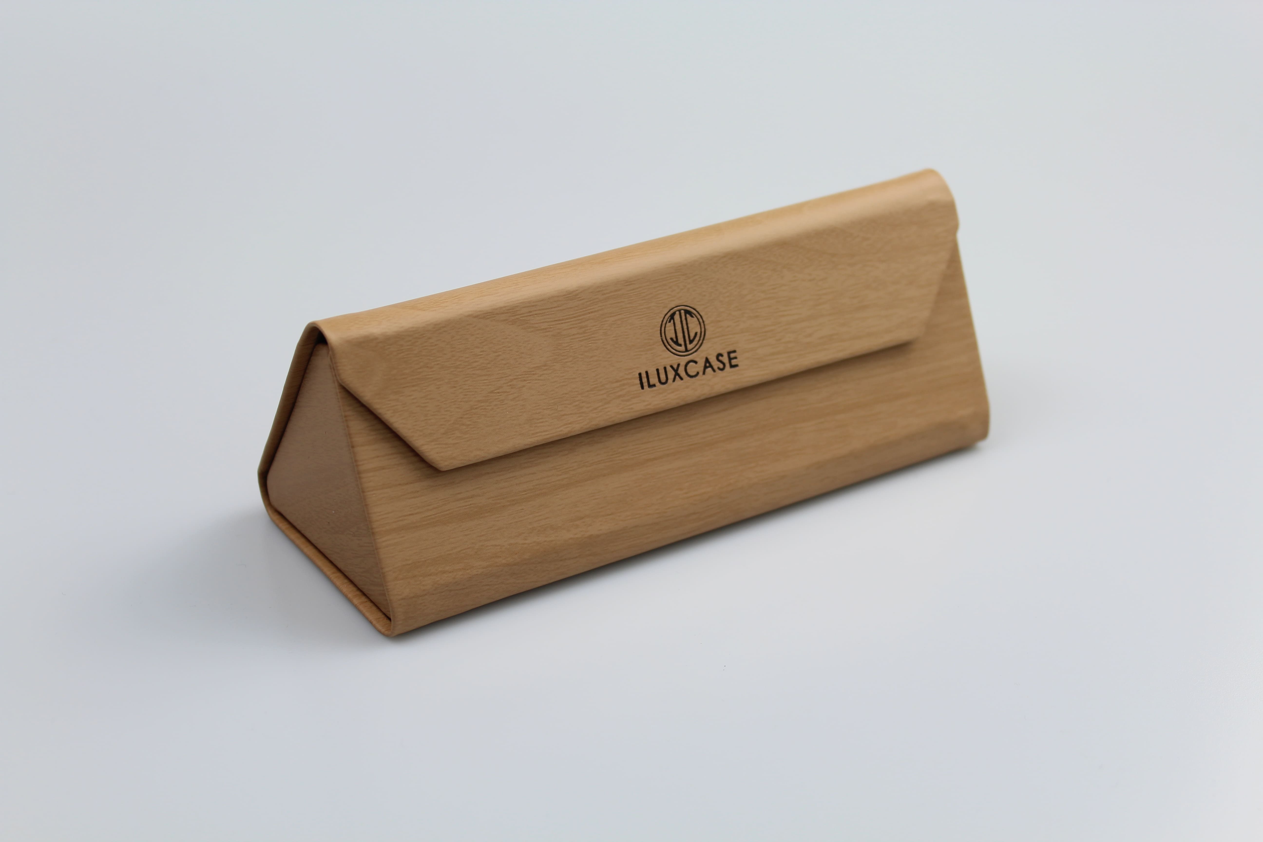 Étui à lunettes triangulaire pliable à rabat biseauté en papier beige - fermoir à aimant