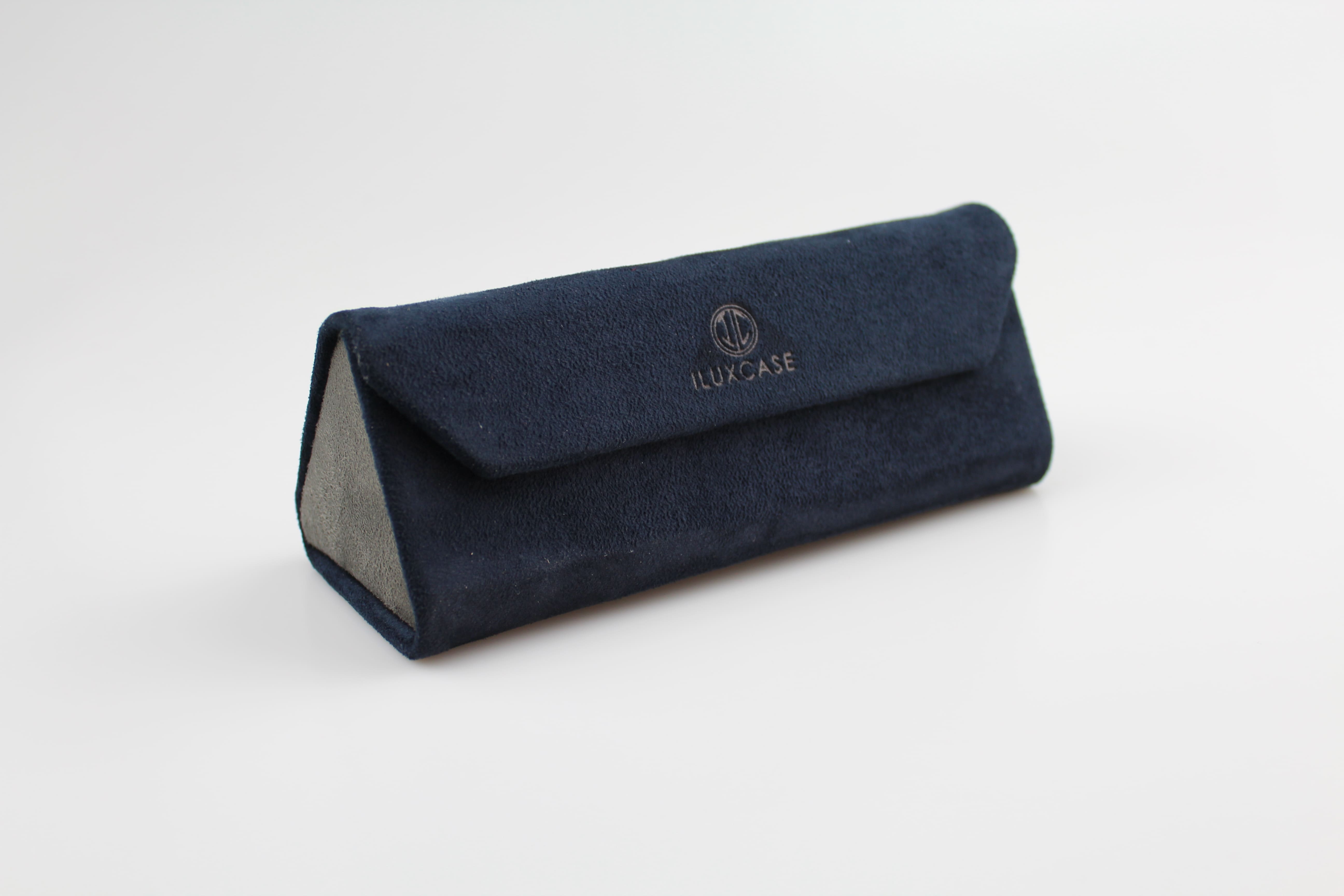 Étui à lunettes triangulaire pliable à rabat biseauté en velours bleu - fermoir à aimant