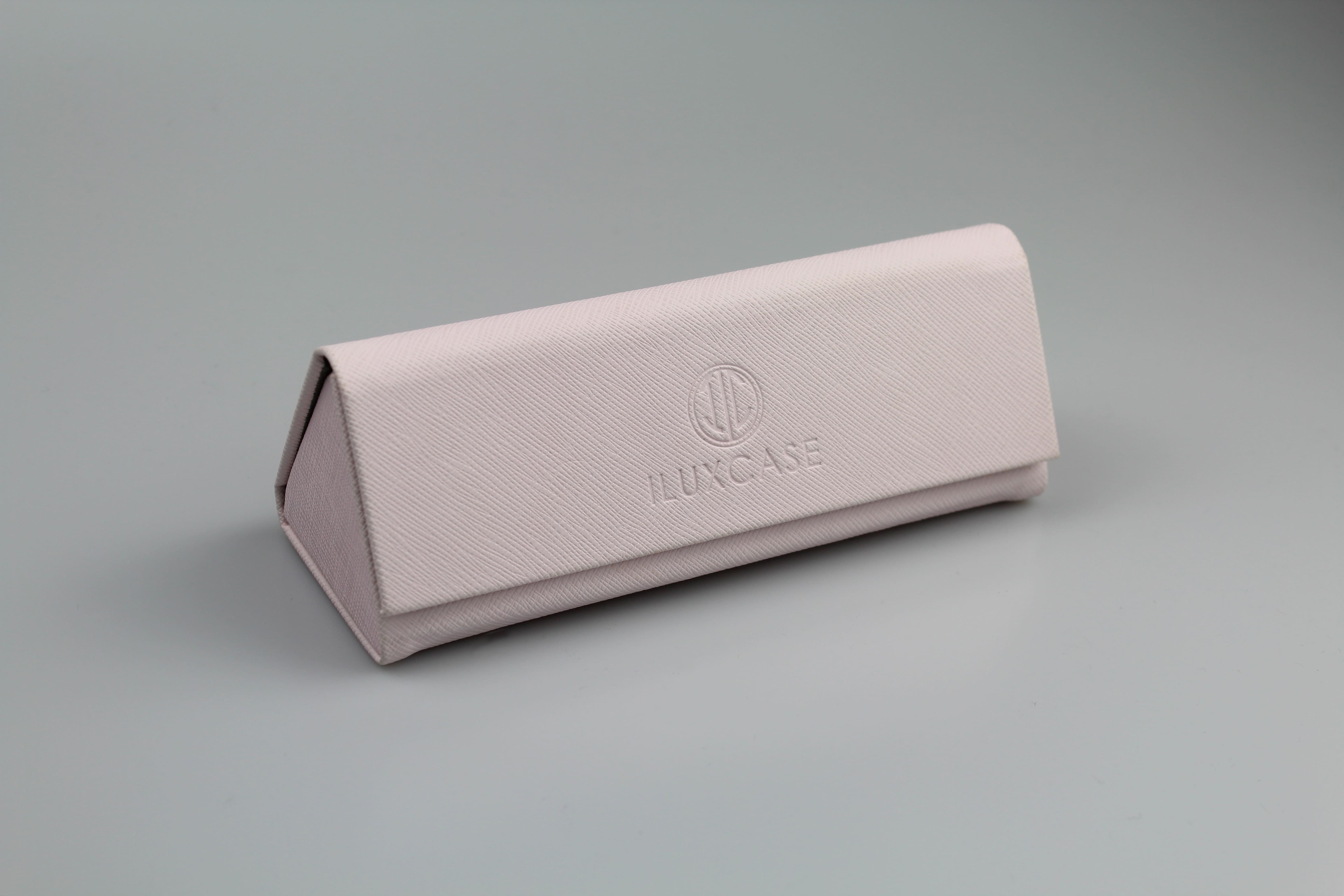 Étui à lunettes triangulaire pliable à rabat rectangulaire en cuir grainé véritable ou en similicuir rose - fermoir à aimant